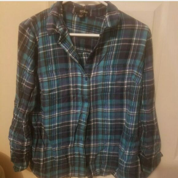 Erika Blue and Silver Plaid Button Up Cotton Flannel Women's Size Small - Picture 1 of 7